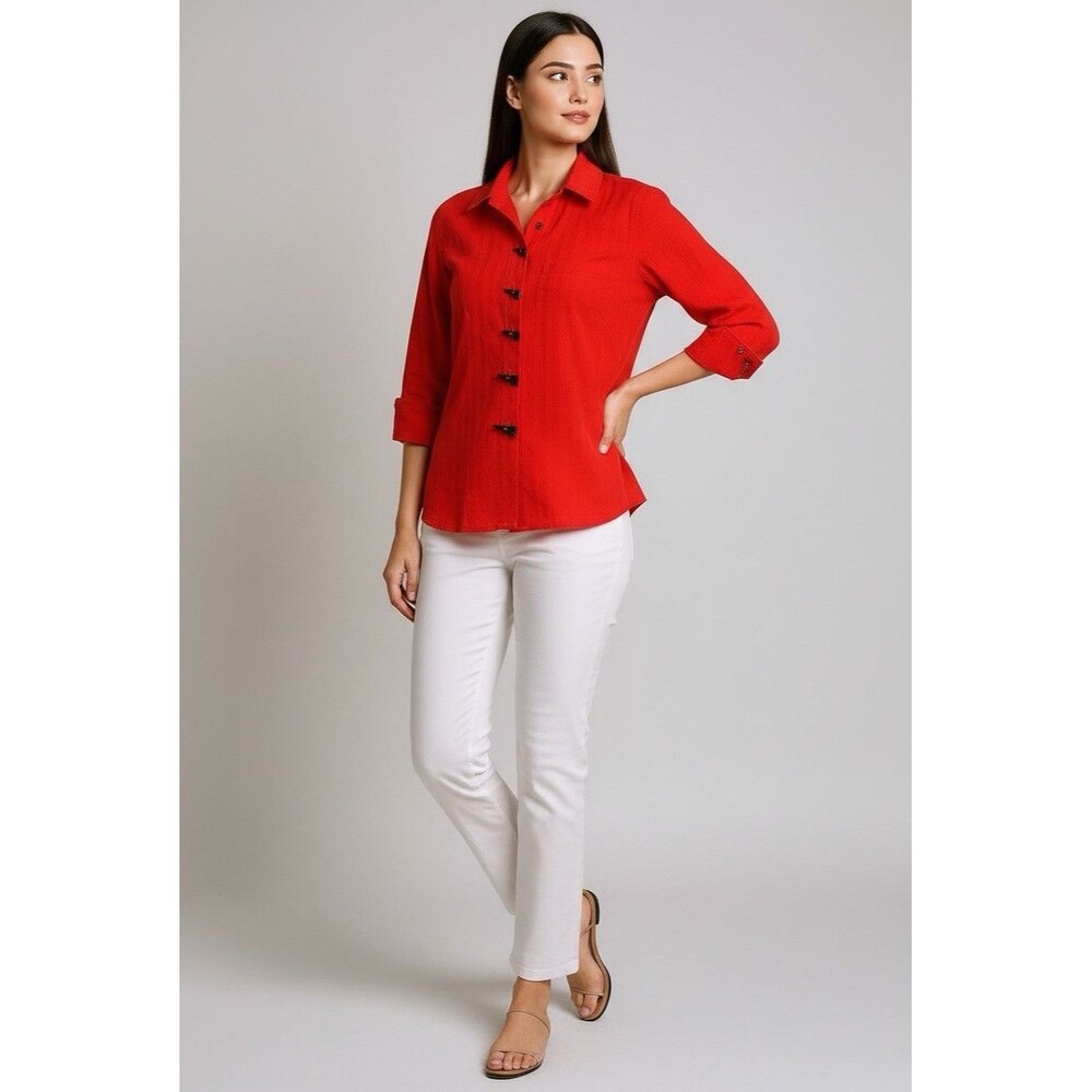 Red Woven Rayon Nylon Solid Collared Button Front 3/4 Blouse PL by Multiples